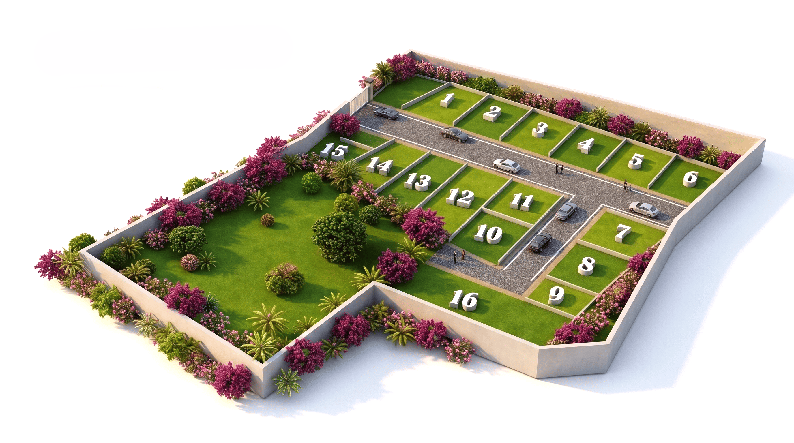 Site layout plan of Prime Grove showing numbered plots, 9.0 m and 7.2 m wide internal concrete roads, landscaped open space and the gated entrance